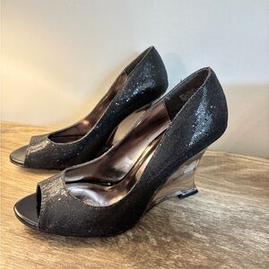 Chic Black Glitter Wedge Shoes